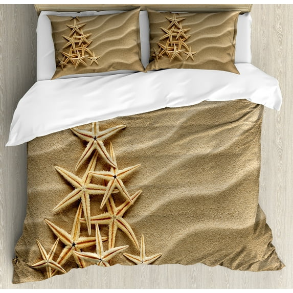 Starfish Duvet Cover Set, Christmas Tree from Shells on the Sand Maritime Summer Coast Holiday Vacation, Decorative 3 Piece Bedding Set with 2 Pillow Shams, King Size, Pale Brown, by Ambesonne