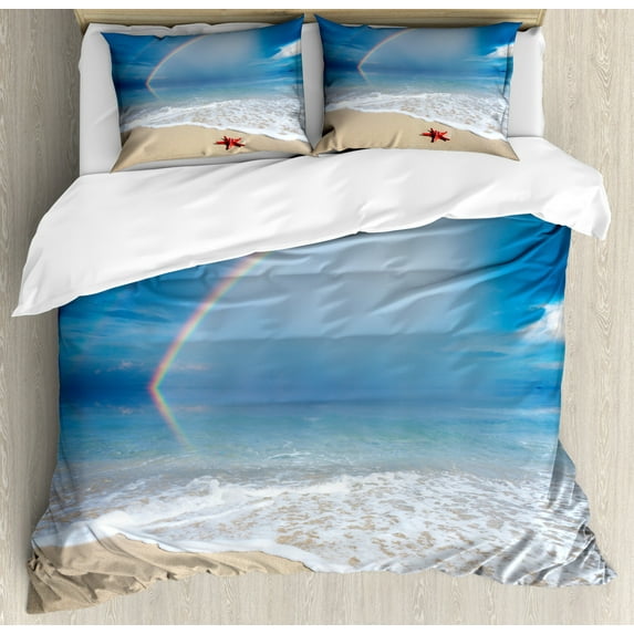 Starfish Duvet Cover Set King Size, Rainbow over the Sea Clouds and Clear Sky Foamy Ocean Waves on the Sandy Beach, Decorative 3 Piece Bedding Set with 2 Pillow Shams, Multicolor, by Ambesonne