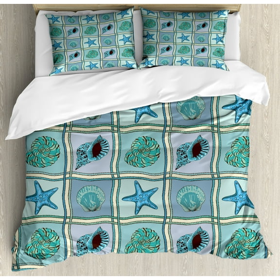 Starfish Duvet Cover Set, Marine Patchwork Style Inspired Pattern with Starfishes and Seashells Print, Decorative 3 Piece Bedding Set with 2 Pillow Shams, King Size, Multicolor, by Ambesonne