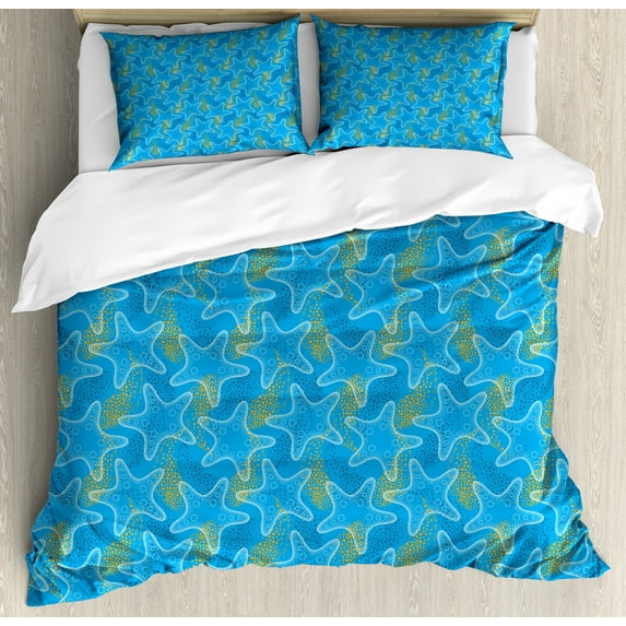 Starfish Duvet Cover Set, Marine Underwater Life Theme Sea Stars Dotwork Style Aquatic Ocean Design, Decorative 3 Piece Bedding Set with 2 Pillow Shams, King Size, Marigold Blue White, by Ambesonne
