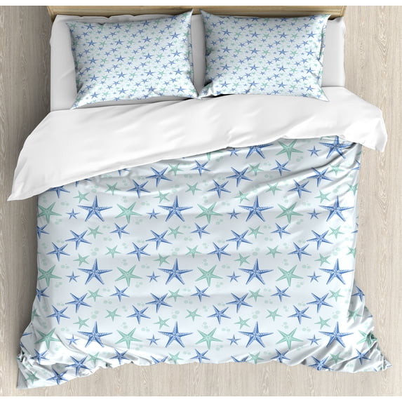Starfish Duvet Cover Set, Nautical Sea Creature in Calm Tones Underwater Themed Art, Decorative 3 Piece Bedding Set with 2 Pillow Shams, Queen Size, Almond Green Azure Blue, by Ambesonne