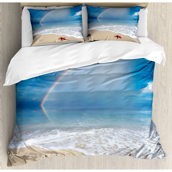 Starfish Duvet Cover Set Queen Size, Rainbow over the Sea Clouds and Clear Sky Foamy Ocean Waves on the Sandy Beach, Decorative 3 Piece Bedding Set with 2 Pillow Shams, Multicolor, by Ambesonne