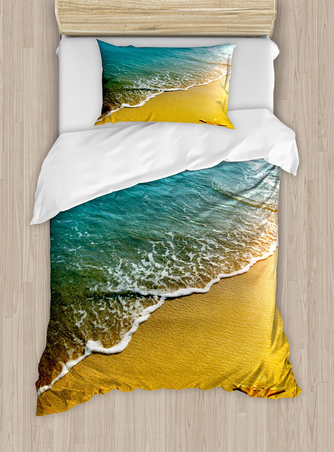 Twin Multicolor Starfish Beach Scene Duvet Cover Set