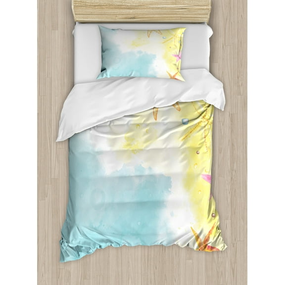 Starfish Duvet Cover Set Twin Size, Holiday in the Hawaii Watercolor Art Dreamy Seacoast with Colorful Starfishes, Decorative 2 Piece Bedding Set with 1 Pillow Sham, Multicolor, by Ambesonne