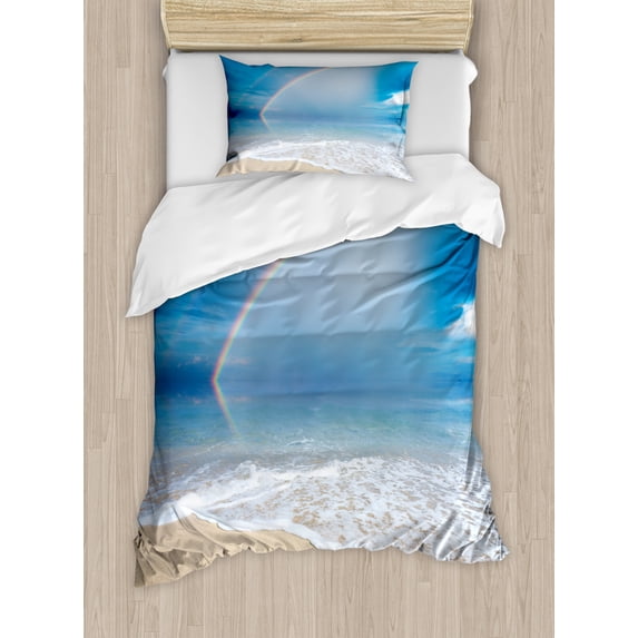 Starfish Duvet Cover Set Twin Size, Rainbow over the Sea Clouds and Clear Sky Foamy Ocean Waves on the Sandy Beach, Decorative 2 Piece Bedding Set with 1 Pillow Sham, Multicolor, by Ambesonne
