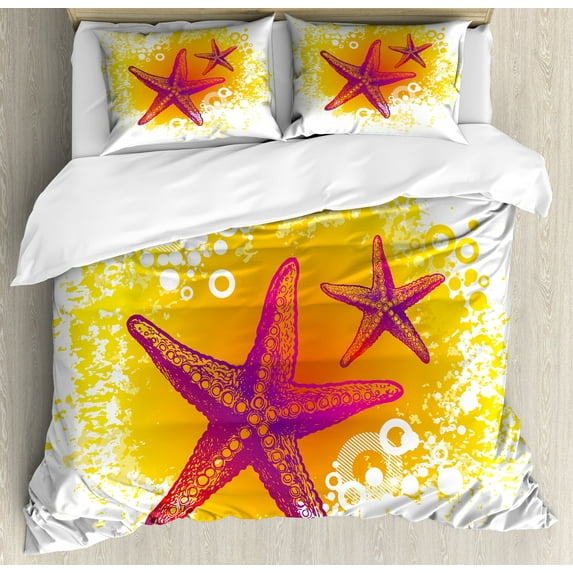 Starfish Duvet Cover Set, Vibrant Colored Tropic Animals and Bubbles Tranquil Scene, Decorative 3 Piece Bedding Set with 2 Pillow Shams, Queen Size, Fuchsia Hot Pink Yellow, by Ambesonne