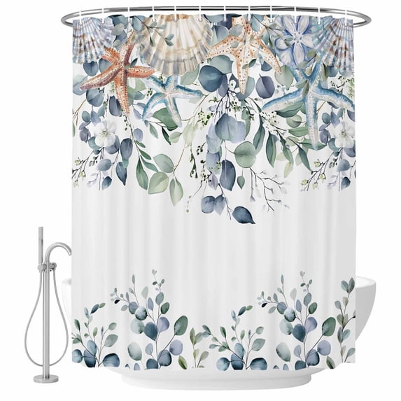 Starfish Eucalyptus Leaves Shower Curtain Set - Long 72" x 84" Washable Bathtub Curtain with 12 Hooks, Blue Teal Coastal Shell Waterproof Fabric Stall Shower Curtains for Bathroom/Bathtub Décor