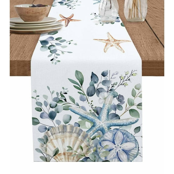 Starfish Eucalyptus Leaves Table Runner 48 Inches, Blue Teal Coastal Shell Bed Runner Dresser Scarves Tabletop for Indoor Outdoor Parties/Ceremony/Banquet, 13" x 48"