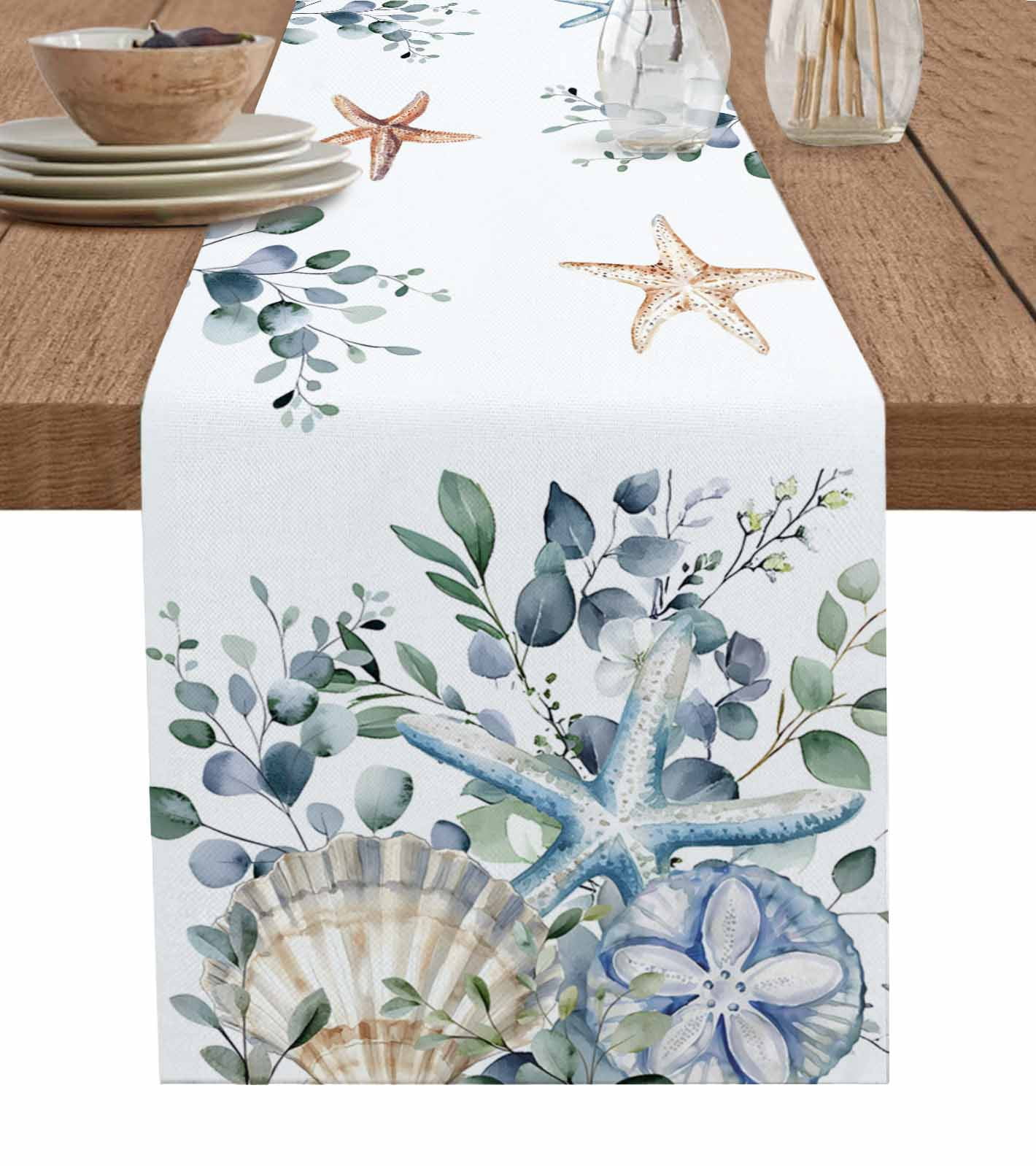 Starfish Eucalyptus Leaves Table Runner 90 Inches, Blue Teal Coastal Shell Bed Runner Dresser Scarves Tabletop for Indoor Outdoor Parties/Ceremony/Banquet, 13" x 90"