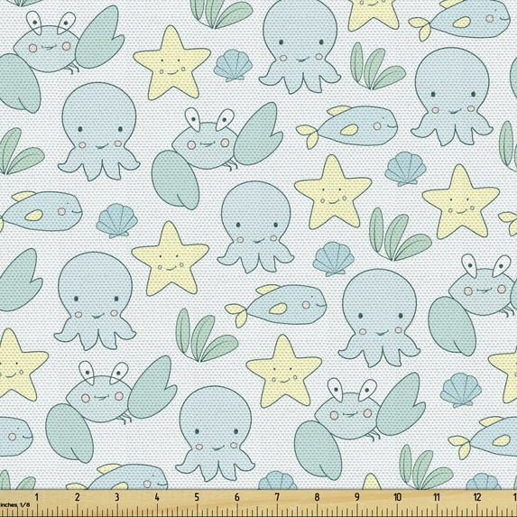 Ambesonne Starfish Fabric by the Yard Upholstery, Octopus Crab and Fish, 1 Yard, Pale Green Pale Blue