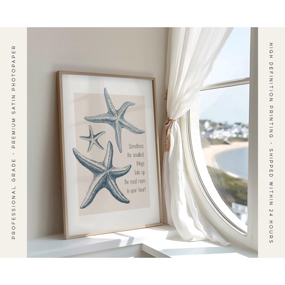 Starfish Family Coastal Quote Print Sometimes The Smallest Things Take Up The Most Room In Your Heart Beach House Décor Wall, Unframed Paper Print