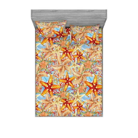 Starfish Fitted Sheet & Pillow Sham Set, Nautical Sea Animals with Watercolor Style on Ocean Waves Back Art, Decorative Printed 3 Piece Bedding Decor, Full, Marigold Pale Peach Coral, by Ambesonne