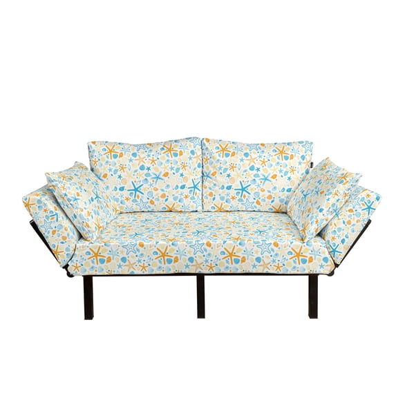 Starfish Futon Couch, Vintage Summer Beach Pattern with Colorful Seashells Silhouettes, Daybed with Metal Frame Upholstered Sofa for Living Dorm, Loveseat, Blue Orange Pale Yellow, by Ambesonne