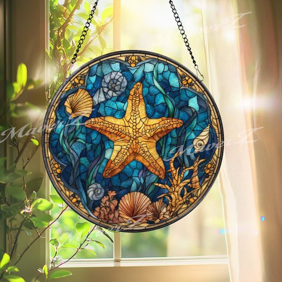 Starfish Glass Suncatcher, Round Ocean Seashell Window Panel, Coastal Decor, 3.5 in
