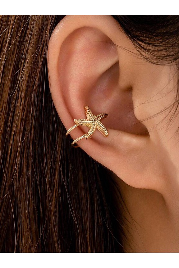 Starfish Goldtone Clip-On Ear Cuff Set Of 3, Textured Starfish Climber,Starfish