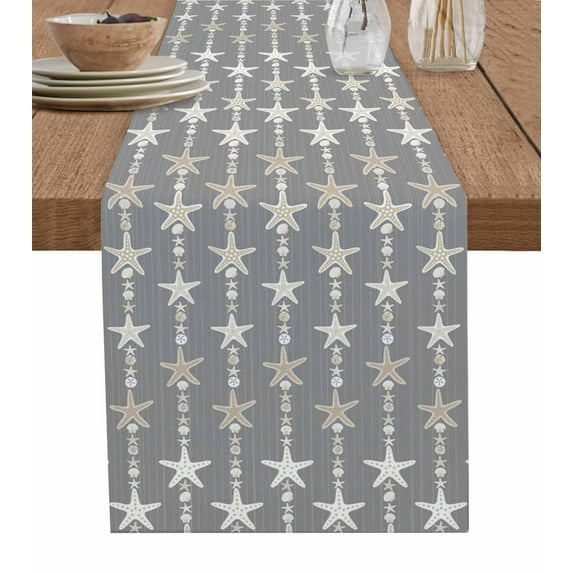 Starfish Grey Burlap Cotton Table Runner 18x72 Inches Long, Coastal Ocean Summer Sea Beach Farmhouse Table Runners, Outdoor Dining Tablecloths Decor for Baby Shower/Party/Wedding
