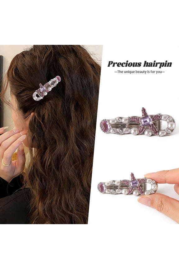 Starfish Hair Clip for Women, Purple Gemstone & Pink Crystal Hairpin, Elegant Sea-Inspired Hair Accessory for Daily & Special Occasion Hairstyles