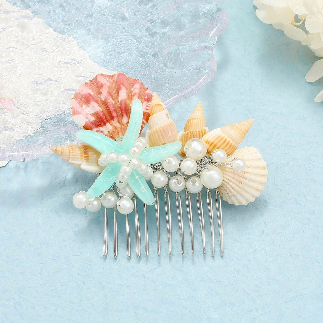 Conch Comb Starfish Hair Comb Silver Shell Pearl Headpiece Conch Beach Hair Pieces ...