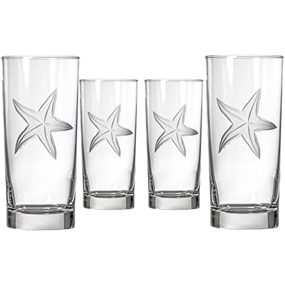 Starfish Highball Cooler Glass | 15oz Coastal Glassware | Set of 4 | Engraved Lead-Free Highball Glasses | Made in the USA$$Home Decor, Kitchen, & Other