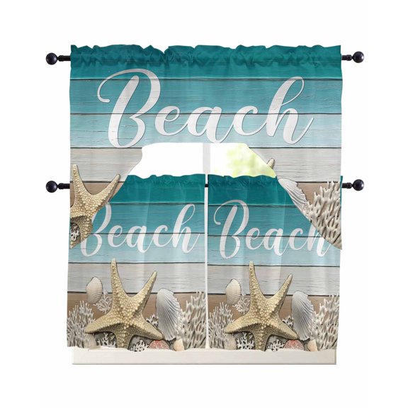 Starfish Kitchen Curtains Sets 36 Inch Length with Valance, Coastal Coral Ocean Turquoise Brown Wooden Swag Valances and Tiers Curtain Set Drapes Swag Curtains for Living Room, Bathroom, Bedroom