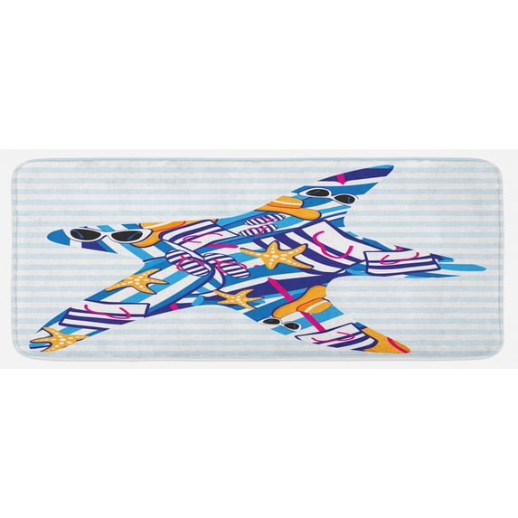 Starfish Kitchen Mat, Cartoon Styled Starfish with Summer Season Vacation Accessories Striped Backdrop, Plush Decorative Kitchen Mat with Non Slip Backing, 47" X 19", Multicolor, by Ambesonne