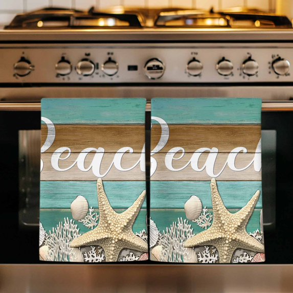Starfish Kitchen Towels Set of 3, Coastal Coral Ocean Teal Green Brown Wood Grain Absorbent Dish Towels for Kitchen, Microfiber Hand Towel, Quick Drying Tea Towel for Cleaning Decorative Dishcloths
