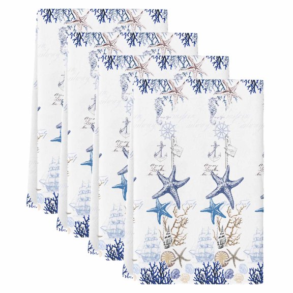 Starfish Kitchen Towels Set of 4, Absorbent Microfiber Dish Tea Towels with Hanging Loop, Blue Ocean Coastal Coral Shell Nautical Boat Resuable Hand Towel for Home Kitchen Cooking Cleaning 18"x28"