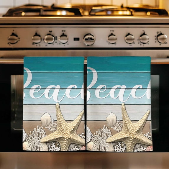 Starfish Kitchen Towels Set of 4, Coastal Coral Ocean Turquoise Brown Wooden Absorbent Dish Towels for Kitchen, Microfiber Hand Towel, Quick Drying Tea Towel for Cleaning Decorative Dishcloths