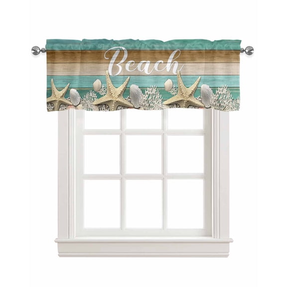 Starfish Kitchen Valances for Windows Farmhouse Linen Window Valance Curtain for Living Room Window Treatment Coastal Coral Ocean Teal Green Brown Wood Grain Valance Rod Pocket Topper, 42 x 18 Inch