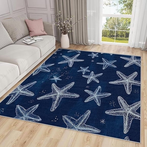 Starfish Large Area Rug - Coastal Navy Blue Rugs for Living Room Non Slip Low Pile Machine Washable Dining Room Rug, Nautical Minimalist Carpet, Starfish Gifts & Home Decor 3 x 4ft