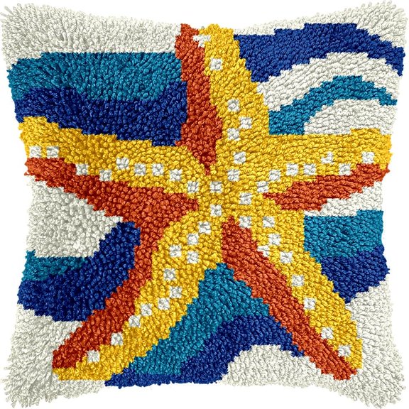 Starfish Latch Hook Kits Pillow DIY Pillowcase Crochet Hook Cushion Making Kits with Preprinted Pattern Canvas Instruction Yarns Pillow Cover Easy Starter DIY Crochet Kits 43x43cmf237)