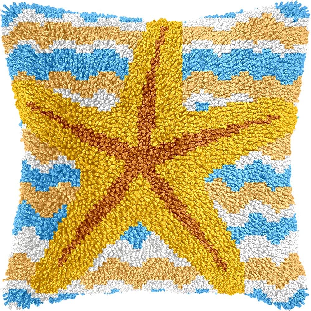 Starfish Latch Hook Pillow Cover Kits for DIY Handmade Throw Pillow Cross Stitch Latch Hooking Pillowcase Kits with Preprinted Color Pattern Canvas Crochet Yarn Kits 17''X 17''(7-165)