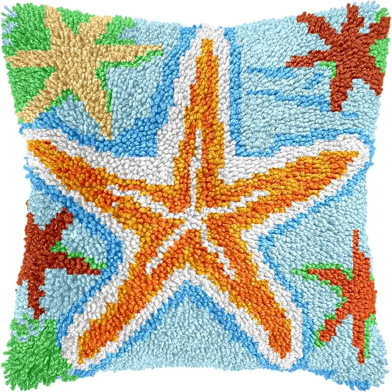 Starfish Latch Hook Pillow Kits Pillow Cover with Pattern Printed Canvas Sofa Hooking Pillowcase Cushion Crafts Embroidery Latch Hooking Crochet Starter Kits 17x17 inch(1)