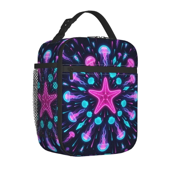 Starfish Lunch Box, Graphic Coastal Star Pattern Insulated Cooler, Reusable Polyester Food Storage Case, Stylish Daily Meal Prep Bag For Commuter