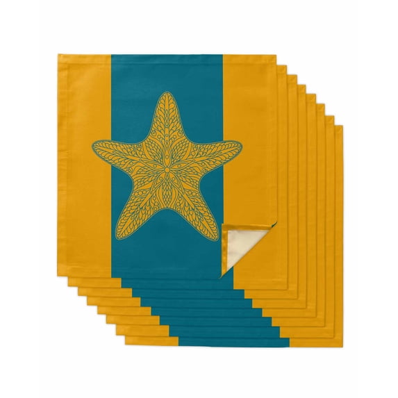 Starfish Mandalas Cloth Napkins Set of 8 Reusable Dinner Napkins, Boho Modern Orange Blue Stripe Cocktail Napkin Washable Table Napkins for Wedding/Holiday Party/Baby Shower 20"x20"
