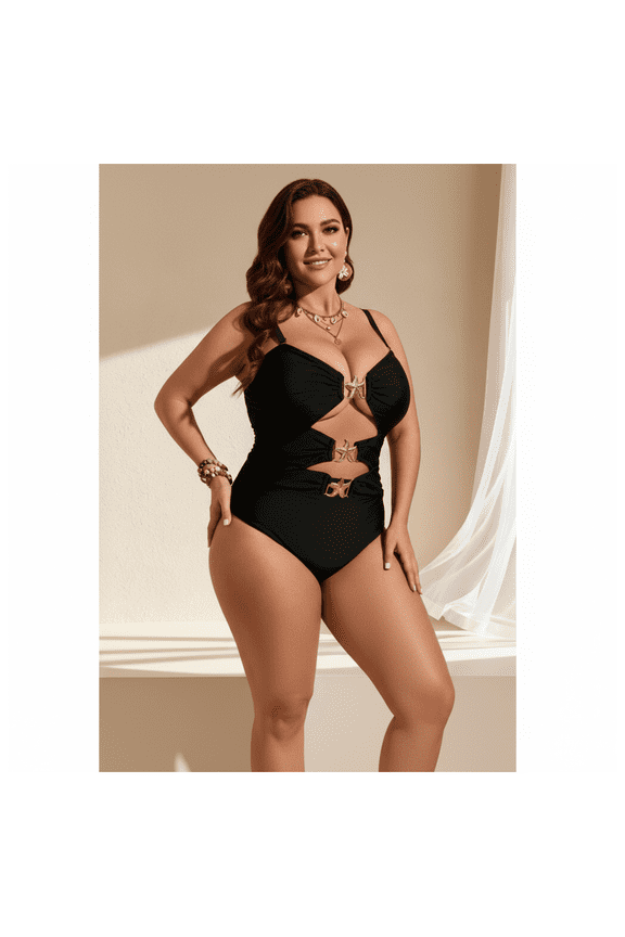 Starfish Metal Bikini Connector & Pleated Triangle Swimsuit Pants Set - Women's Vacation Swimwear, Beach Cover Up, Sexy Two Piece Bathing Suit, Hollowed Out Design