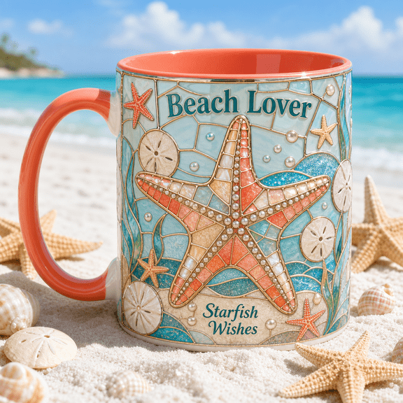 Starfish Mug, 2D Flat Ceramic Mug Beach Lover Gift with Coastal Ocean Seashell Design