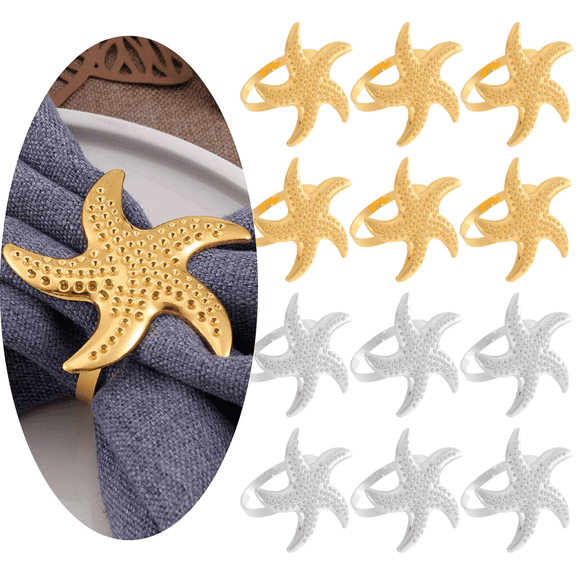 Starfish Napkin Rings Set of 12, Sea Star Napkin Ring Holders for Nautical, Dinner Party, Summer, Wedding, Theme Party, Beach, Coastal Table Decor and Daily Use