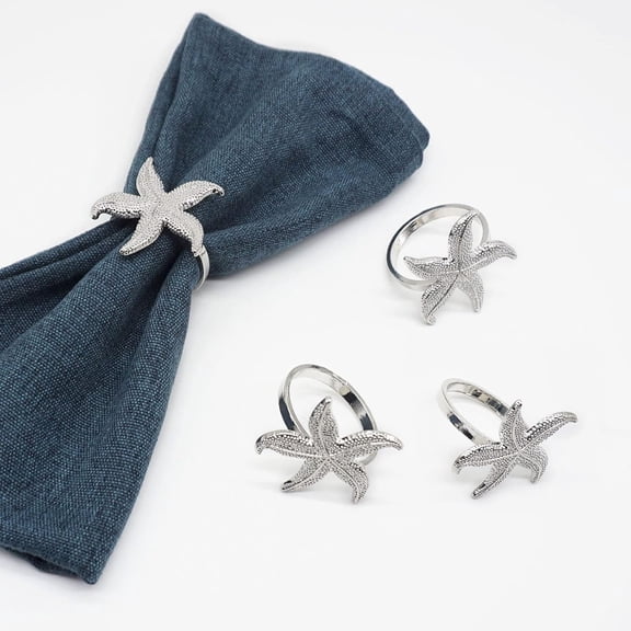 Starfish Napkin Rings Set of 6, Sea Star Silver Napkin Ring Holders for Nautical, Dinner Party, Summer, Wedding, Theme Party, Beach, Coastal Table Decor and Daily Use (6, Starfish Silver)
