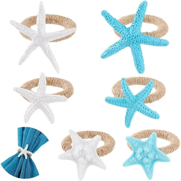Starfish Napkin Rings Set of 6 White and Blue Sea Star Napkin Rings Holder 6 Styles Cute Napkin Ring Holders for Crafts Beach Wedding Theme Party Banquet