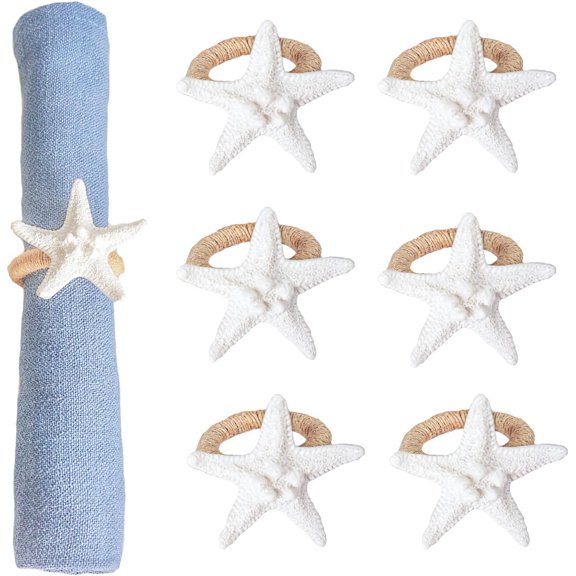 Starfish Napkin Rings Set of 6, White Sea Star Napkin Ring Holders for Beach Theme Party, Dinner Party, Wedding, Banquet, Summer, Nautical, Coastal Table Decor