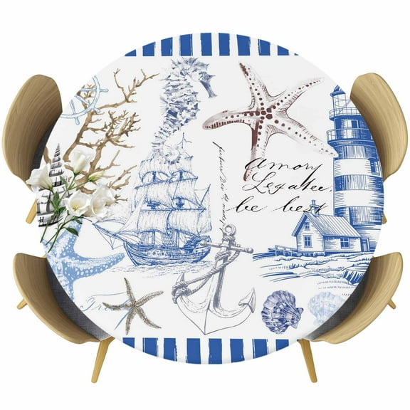 Starfish Nautical Anchor Shell Boat Fitted Round Tablecloths Table Covers 36"-44",Waterproof Table Cloth for Kitchen Holiday Party Tables Decor