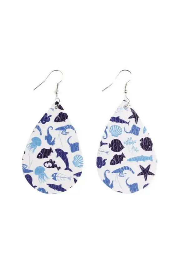 Starfish Ocean Print Waterdrop Leather Earrings for Women Summer Beach Jewelry