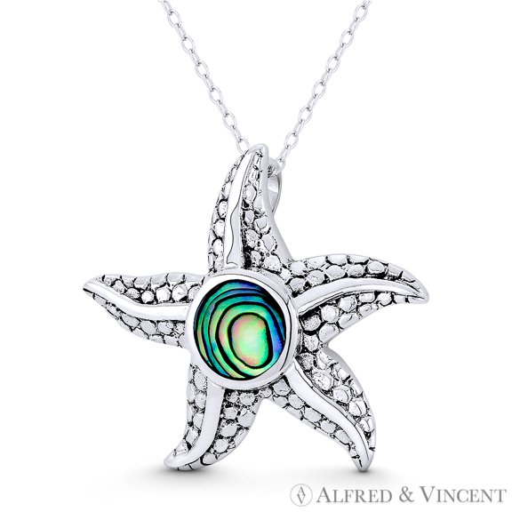 Starfish Ocean Sealife Charm Black Mother-of-Pearl 29x32mm (1.1x1.3in) Pendant & Chain Necklace in Oxidized .925 Sterling Silver