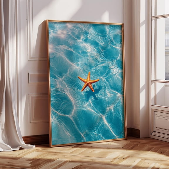 Starfish Ocean poster, Vibrant Blue Water Wall Art Unframed Paper Print