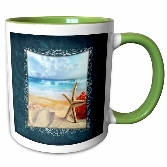 3drose, Starfish on the Beach, 11oz Two-tone Green Mug