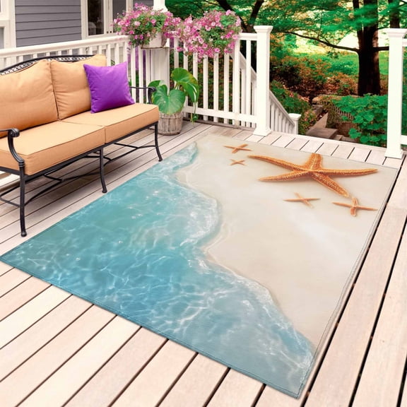 Starfish Outdoor Rug 4x6 Ft, Non Slip Washable Area Rug, Coastal Ocean Beach Sand Seashore Waves Patio Rugs Carpet Runner, Large Floor Mat for Indoor/Outdoor Deck Porch Camping