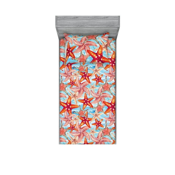 Starfish Pattern Fitted Sheet & Pillow Sham Set, Nautical Ocean Animals Illustrations on Wavy Background Art, Decorative Printed 2 Piece Bedding Decor, Twinxl, Dark Coral Sea Blue Ivory, by Ambesonne