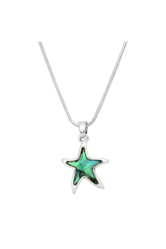Starfish Pendant Necklace Abalone Shell Rhodium Plated 17 Inch Snake Chain J0852