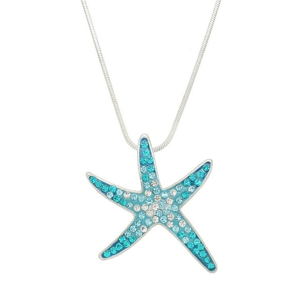Starfish Pendant Necklace Earring Rhinestone Crystal Rhodium Plated 17 Inch Snake Chain J0648